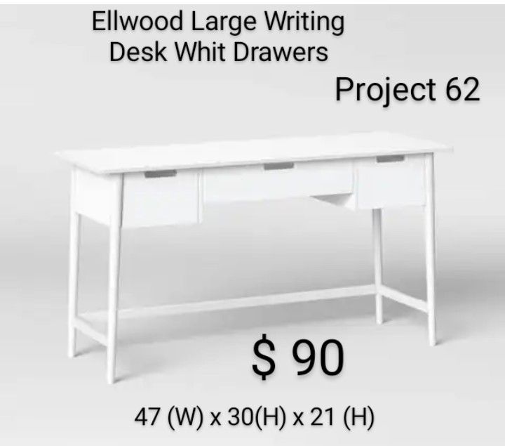Brand New Ellwood White Large Writing Desk With Drawers
