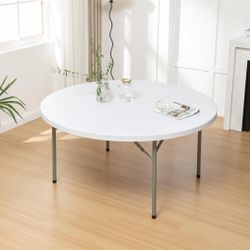Non Fold 5 FT 5' Round Plastic Folding Event Table 5ft Round Table with Carrying Handle, Bi-Fold Portable Banquet Table for Indoor 5FT round