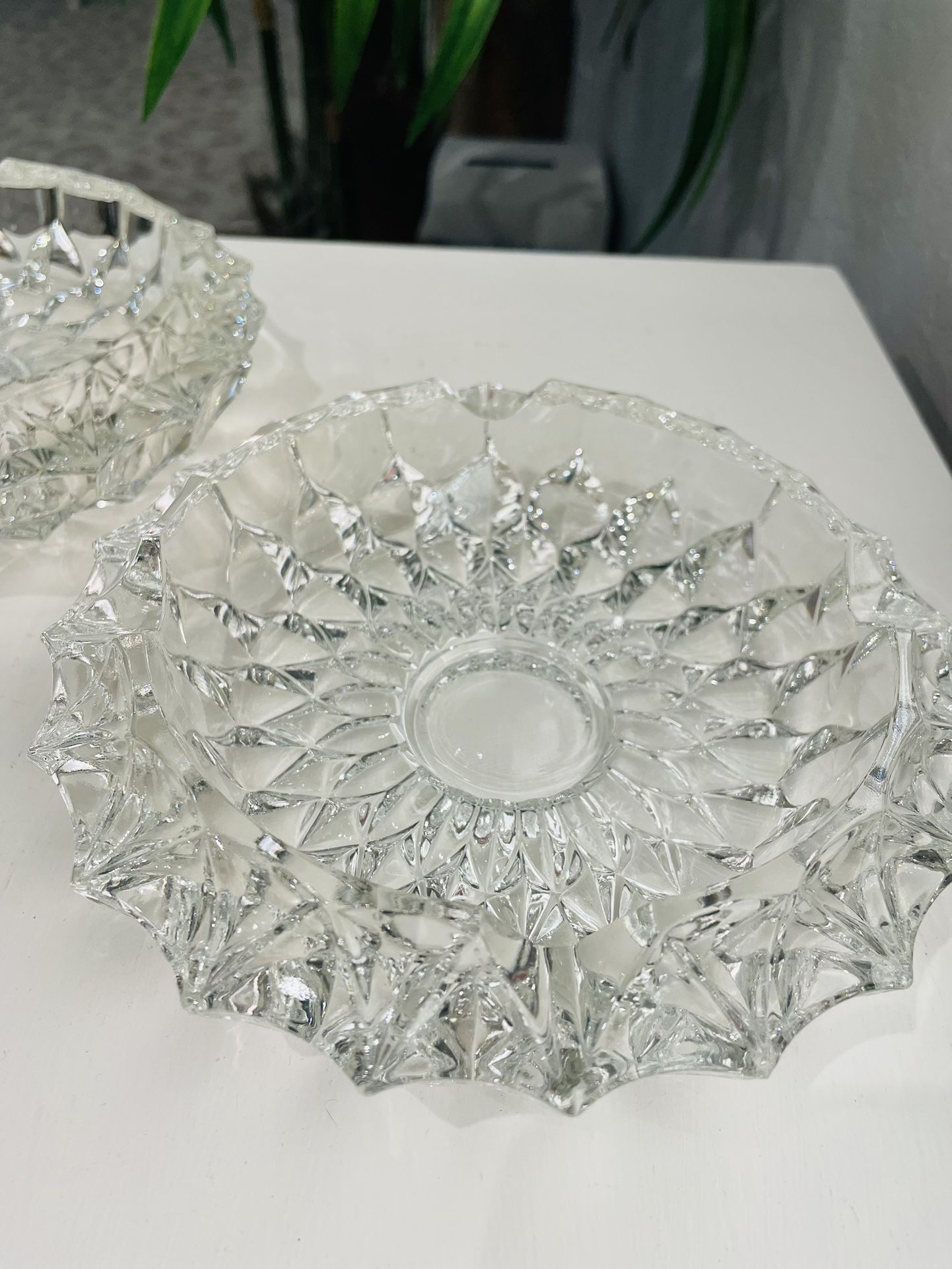 Set of 2 heavy 7 inch vintage crystal ashtrays mcm mid-century