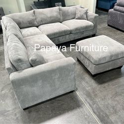 New! Plush Sectional, Soft Grey Sectional, Sectionals, Sofa, Couch, Sectional And Ottoman, Living Room Sofa, Corduroy Sofa, Upholstered Sofa Couch