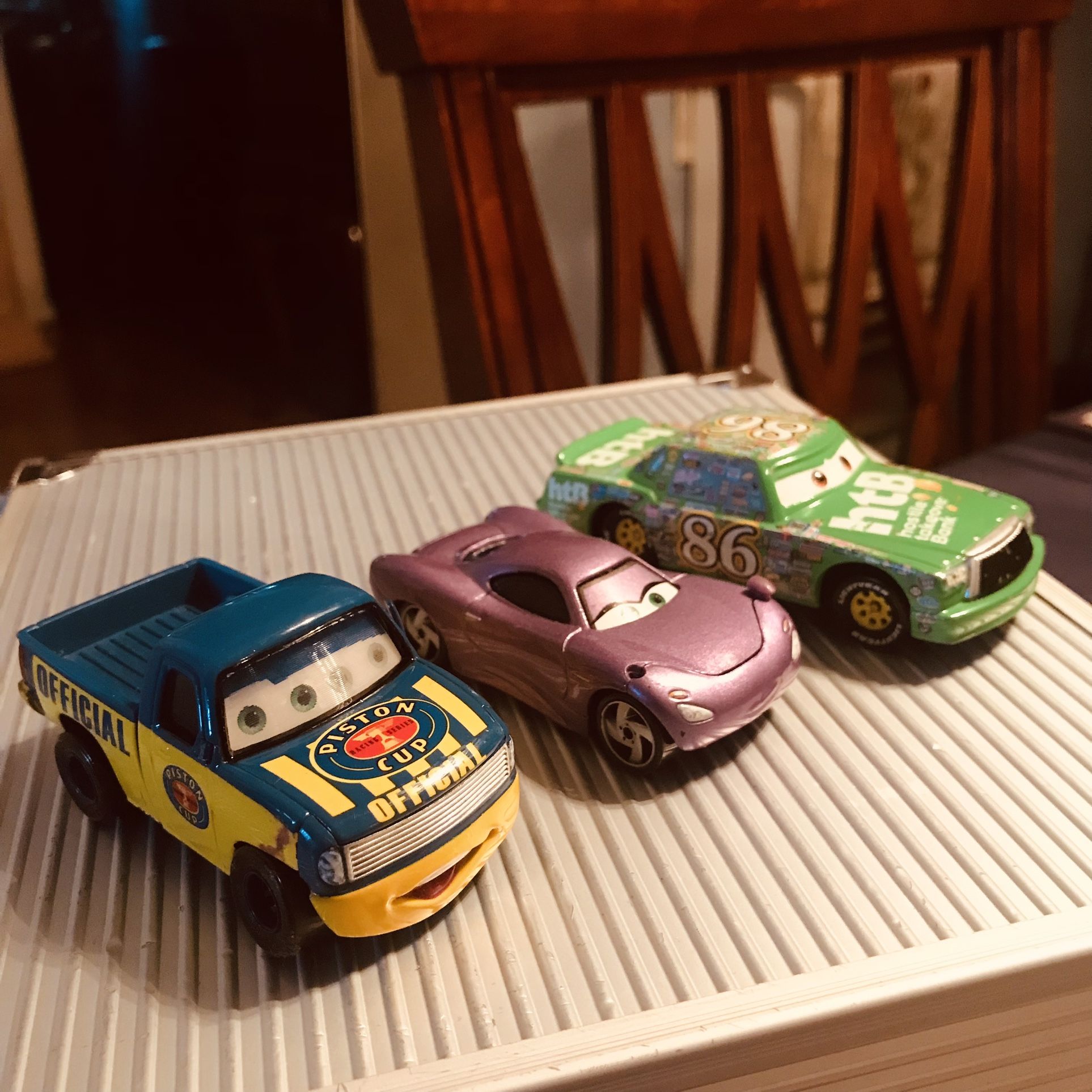 (3) Diecast Disney Pixar Cars, Chick Hicks, Holley Shiftwell Plastic Little Mirror Missing and Piston Cup Pickup Truck Eyes Move Side Mirror Missing