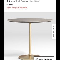 Crate&Barrel Nero 36” Concrete Dinning Table With Brass Base 