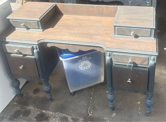 Vintage Two-Tone Wooden Vanity Desk / Writing Desk with Drawers