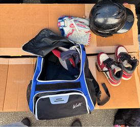 Baseball bag, baseball glove for lefty, baseball helmet , baseball cleats, batting gloves youth