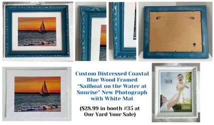 Distressed Coastal Blue Wood Framed “Sailboat on the Water at Sunrise” New Photograph w White Mat