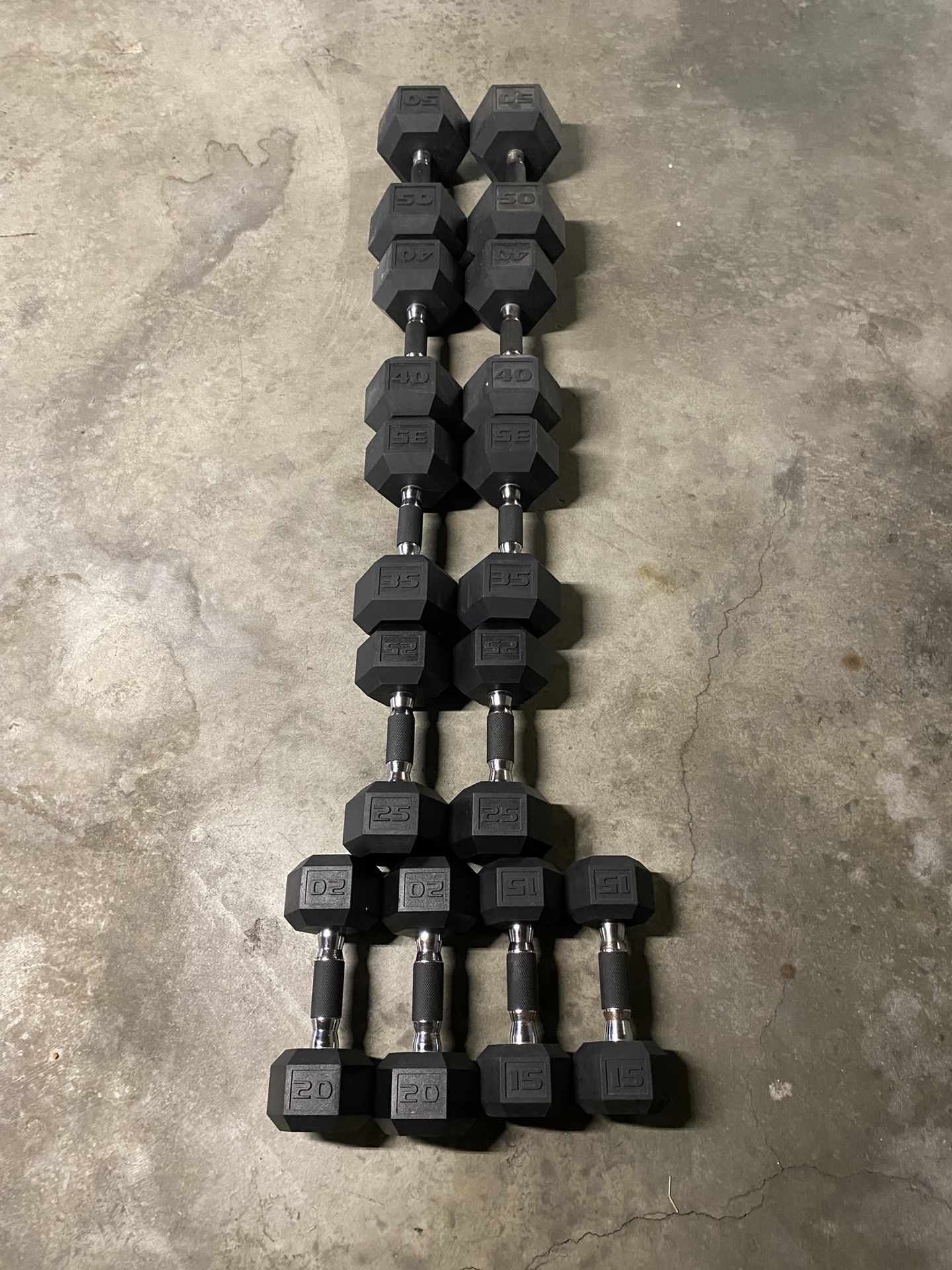 Pairs of 15-50 lbs HEX Dumbbells / Weights + RACK 370 Ibs total