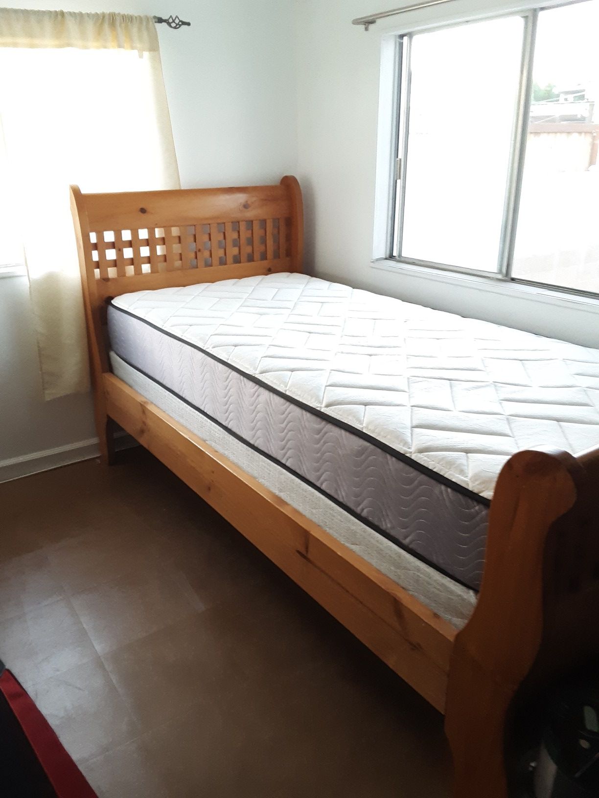 Pine Twin Bed With Mattress and Boxspring