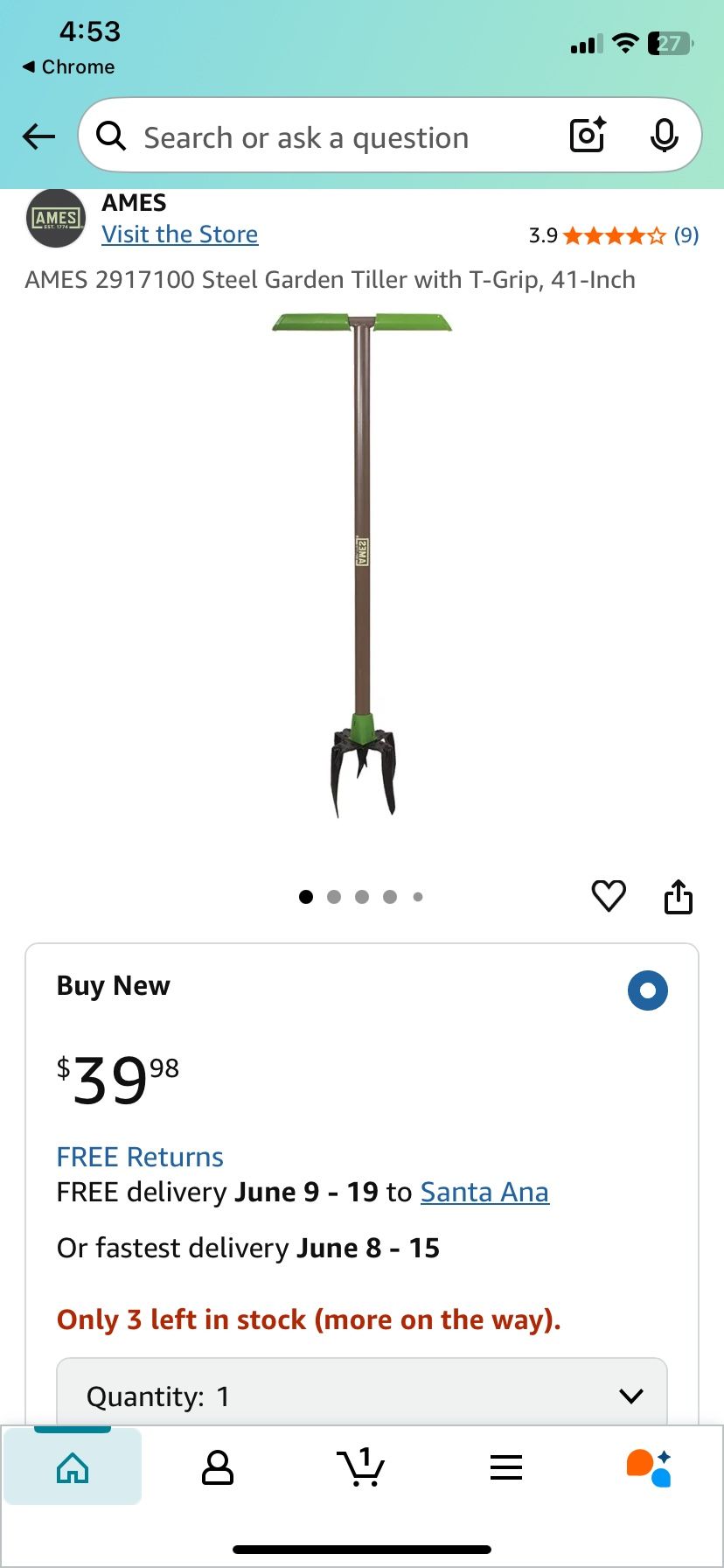 Steel Garden Tiller With T-grip 41inch