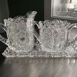 Etched Glass Cream/Sugar/Tray