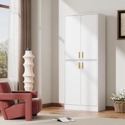 Tall White Storage Cabinet with Gold Handles