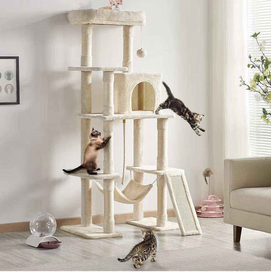 Cat Tree, 63 Inches Multi-Level Indoor Cat Play Structure with Scratching Posts, Hammock, and Dangling Ball