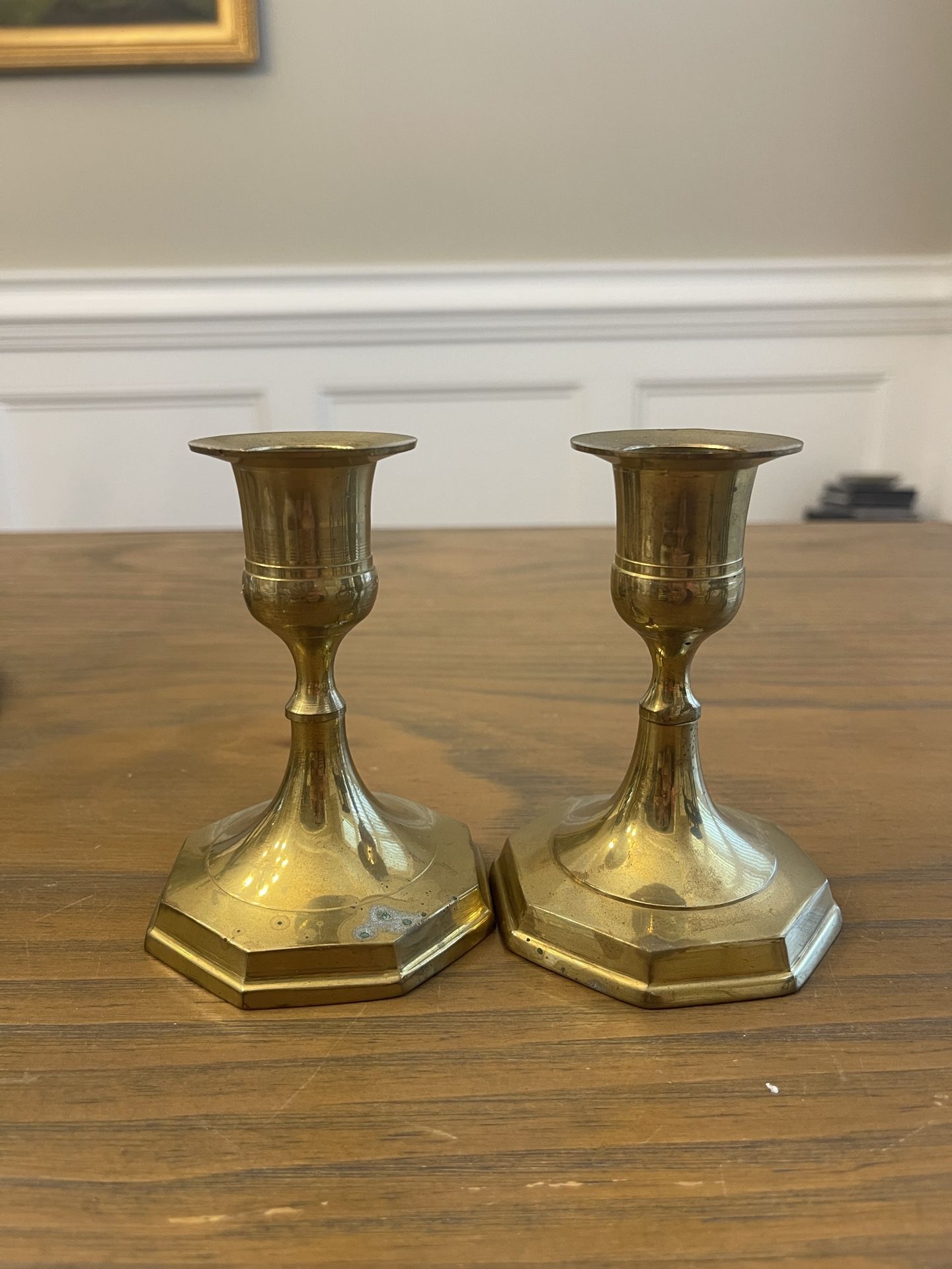 Pair Vintage Brass Candlestick Candle Holders Set of Two, 4.5" Tall 3.25" Wide
