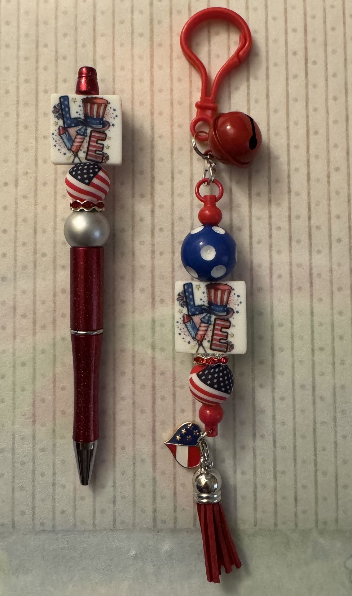 4th Of July Beaded Gift Pen And Keychain/Purse Charm Sets