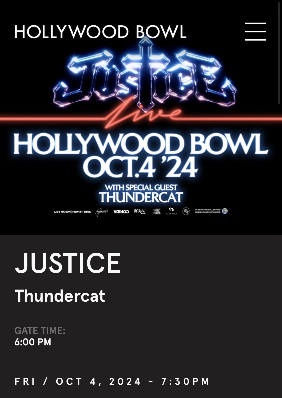 Justice Hollywood Bowl Tickets Oct 4