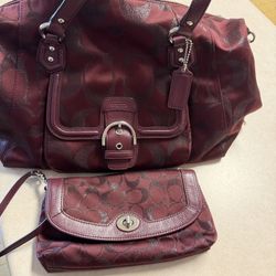 Coach Burgundy Signature Canvas Tote with Matching Wristlet 