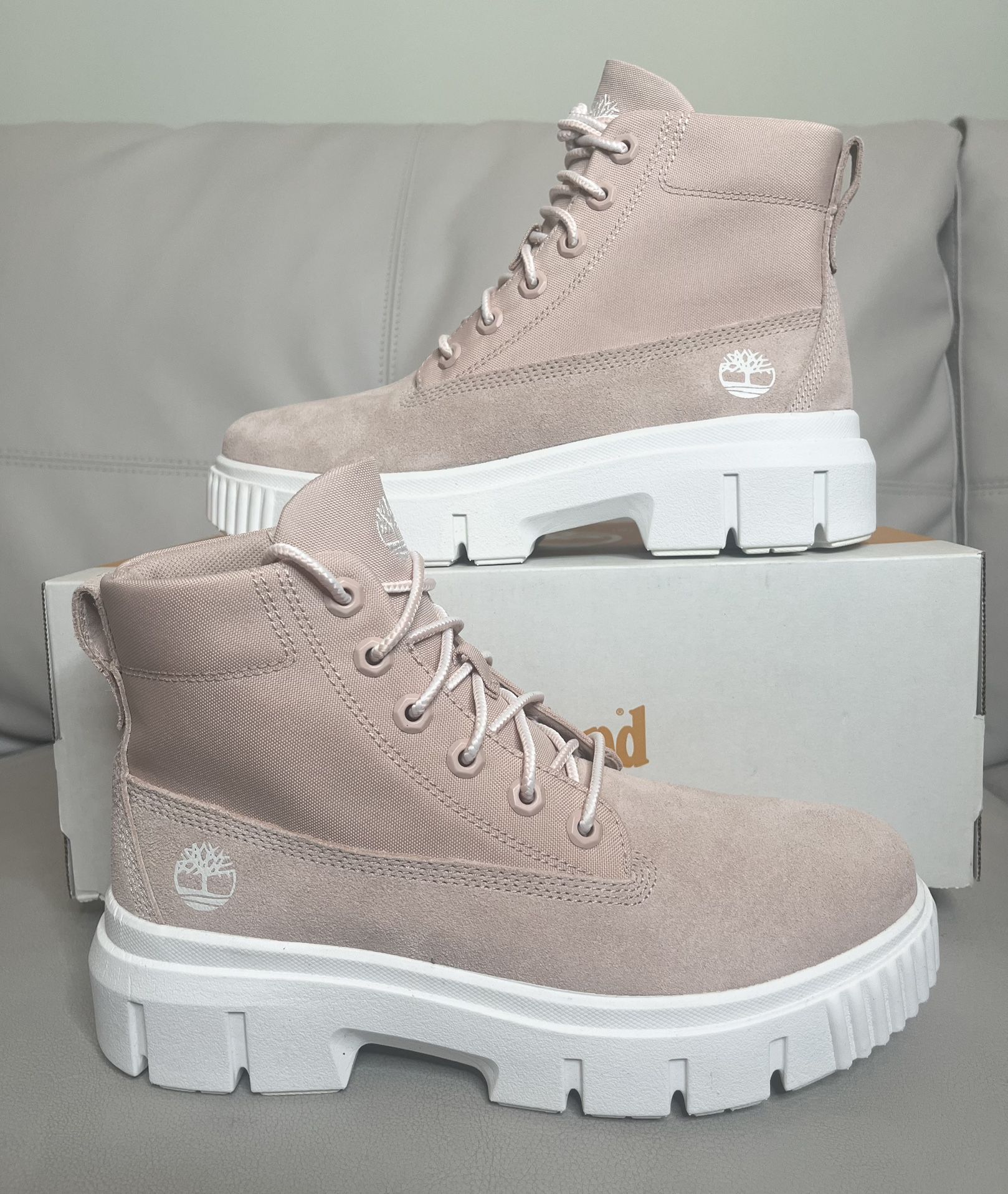 Timberland Greyfield Light Pink Lace-Up Boots Suede Canvas Womens Size 9 NEW