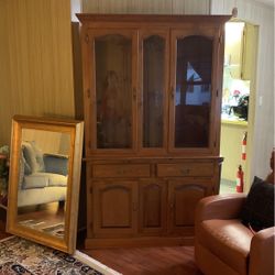 3 Shelf 2 Piece Beautiful Oak, China Hutch Two Drawers, And Two Cabinets Underneath And A Light Inside
