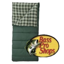 Bass Pro Shops 20°F Deluxe Sleeping Bag Green with Plaid Insulated Lining  Good pre-owned condition. All's well with the bag including bag, zipper wor
