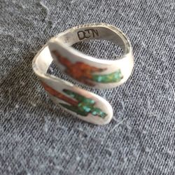 Vintage Ring Silver w/ Turquoise & Coral Inlay
