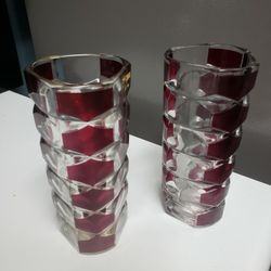 Pair Vintage J.D. Durand Crystal d'Arques Rubis Cranberry Glass Vaces France