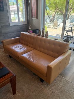 Room & Board Tan Leather Sofas - Matching Mid-Century Modern Pair