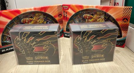 Lost origin etb and Blaziken ex box for trade for moltres team rocket upc or one lost origins etb for 1 phantasmal upc