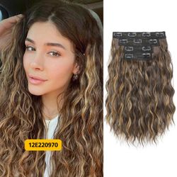 14" Chocolate Brown Highlight Wavy Synthetic Clip-In Hair Extensions $12E220970