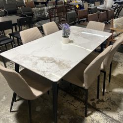  71 Inch Dining Table with 6 chairs - Modern Rectangular Sintered Stone Table with High Hardness and Easy Maintenance - Stylish White Brand new and al
