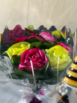 Half‑Dozen Handmade Satin Ribbon Rose Bouquet – Pink & Yellow
