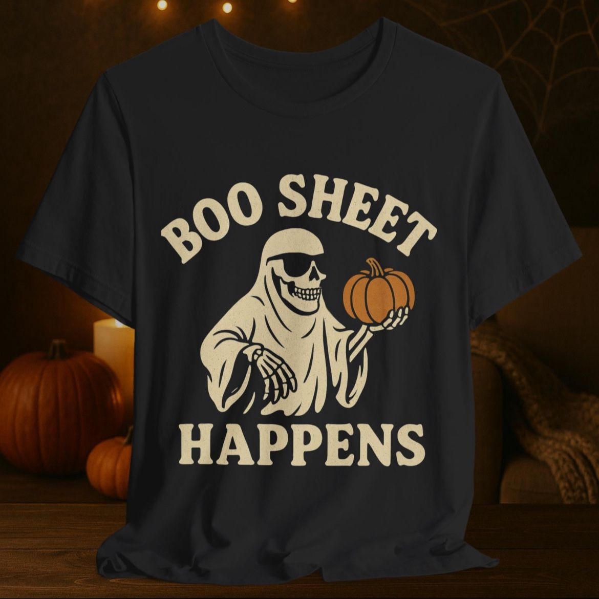 Boo Sheet Happens Halloween T-Shirt • Funny Ghost Pumpkin Tee • Black, Brown, Army