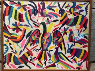 Vintage Otomi hand embroidered tapestry framed in glass 30”h x 37”w