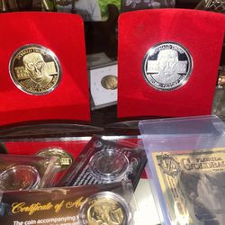 Two gold gilded Donald Trump Coin with COA one platinum clad penny 124 karat pla