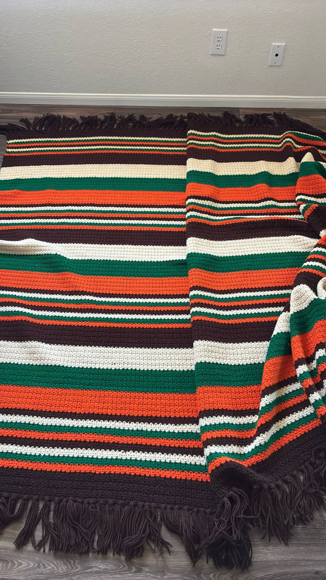 Vintage Crocheted Fringe Hand Woven Large Heavy Yarn Blanket Hippy Psychedelic MCM Mid Century Modern