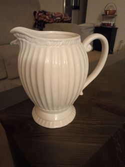 White Ceramic Pitcher with Ribbed Design