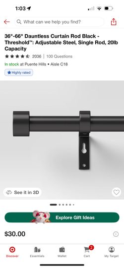 36"-66" Dauntless Curtain Rod Black - Threshold': Adjustable Steel, Single Rod, 20lb Capacity