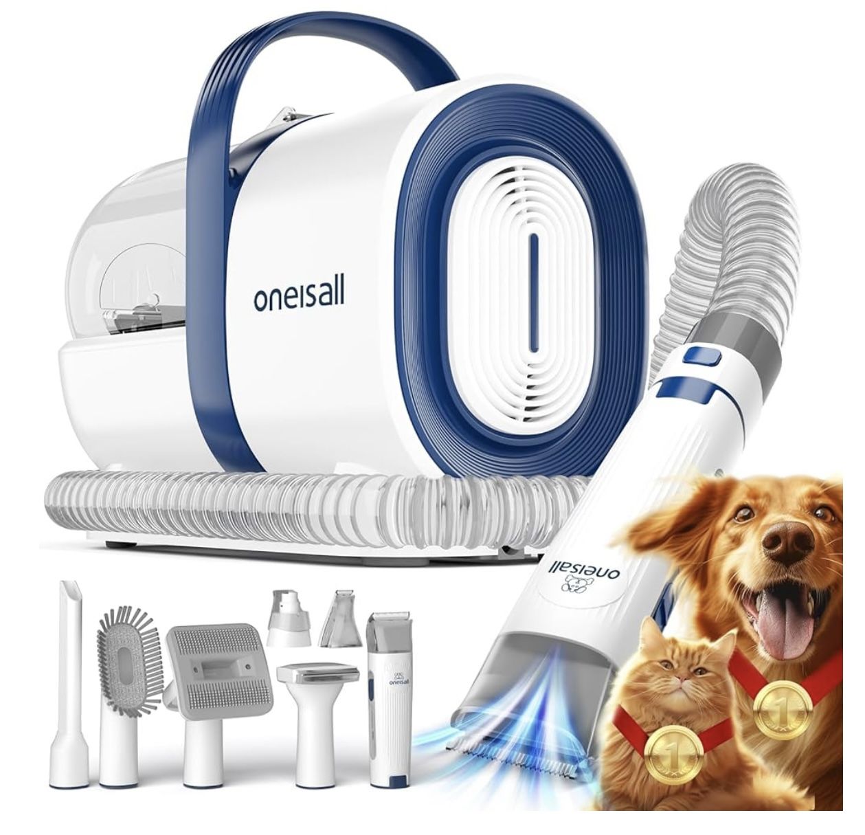 oneisall Dog Grooming Vacuum, Pet Grooming Vacuum with Clipper Nail Grinder, 1.5L Dust Cup Dog deshedding Vacuum Brush with 7 Pet Grooming Tools