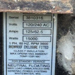 Generator standby, 15kv, 120/240vAC, LP/Propane