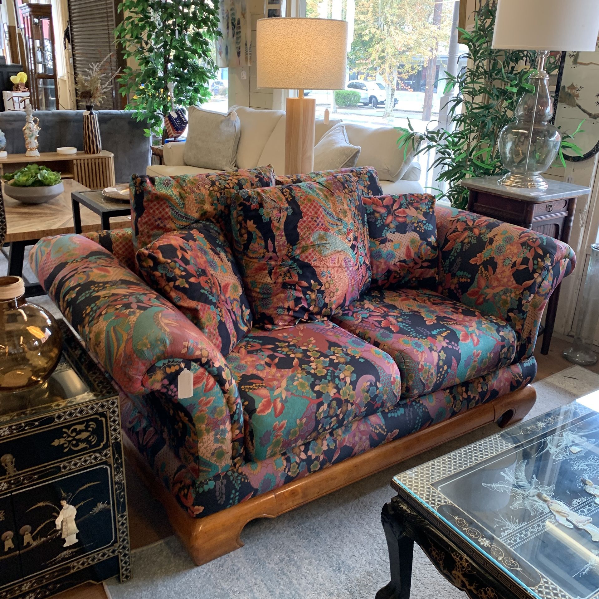 Comfy Floral Wood Trim Loveseat