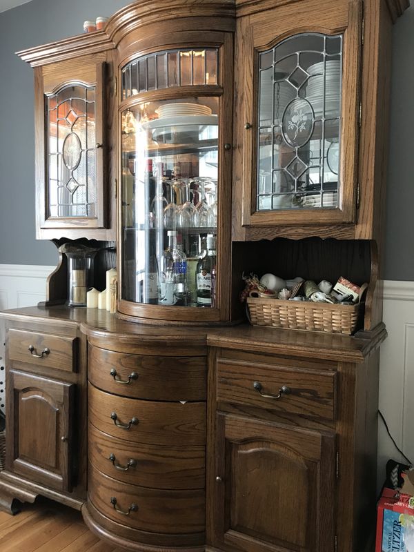 Solid Oak Hutch With Etched And Curved Glass For Sale In Charlotte