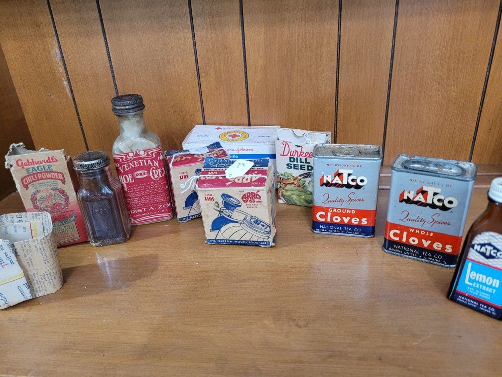 Vintage spice tins containers bottle Natco cloves misc