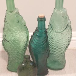 Bundle Of 4 Green Glass Fish Bottles