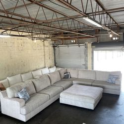 Beige Oversized L-Sectional Sofa Couch W Ottoman