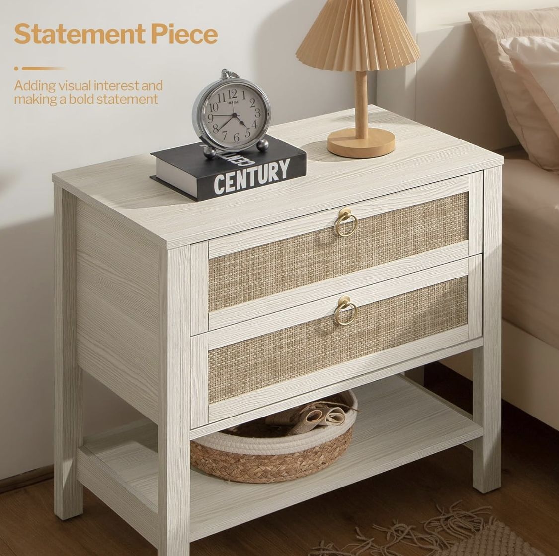 White Night Stand with Drawers and Storage Shelf - Large Nightstands Rattan Decor Boho Bedside Table Narrow Side Table for Bedroom, Small Space
