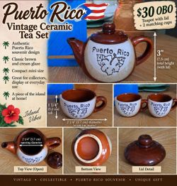 Vintage Puerto Rico Ceramic Mini Tea Set – Teapot + 2 Cups