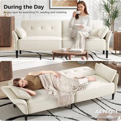 89” Futon Sofa Bed, Linen Comfy Futon Couch Bed with 2 Square Pillows, Convertible Sleeper Sofa with Adjustable Backrest& Armrests, Modern 