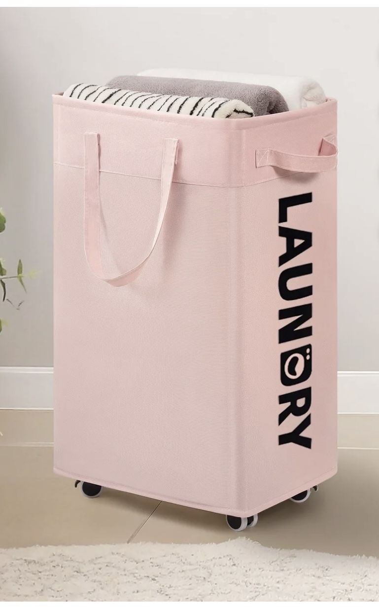 Laundry Basket with Wheels, Dorm Room Essentials for Girls, 75L Collapsible Laundry Basket, Pink New