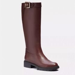 NEW! COACH Leigh Walnut Brown Leather Knee High Riding Boots - Size 6.5B - $350+