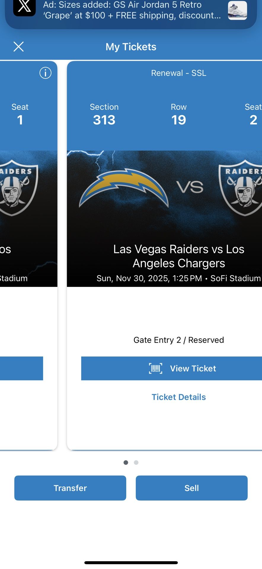 LA Chargers Vs Raiders Nov 30 Sofi Stadium 2 Seats 