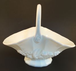 Large Milk Glass Fruit Basket with Handle in Della Robbia Fruits Pattern—See Description for detail