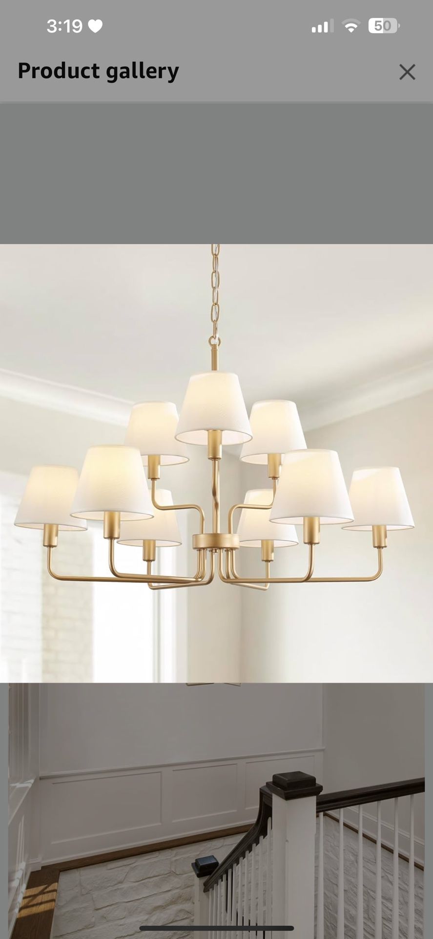Farmhouse Chandeliers for Dining Room with White Fabric Shades,33”Gold Light Fixture Chandelier,9-Lights entryway chandelier for foyer,2 Tiered Lanter